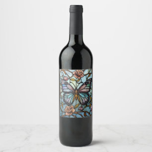 vintage glas-in-lood blauwe vlinderkunst wijn etiket