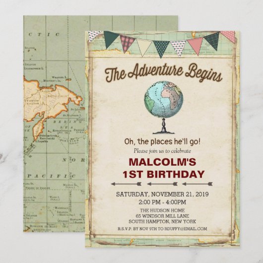 Vintage Globe Voyage 1er anniversaire Invitation (Devant / Derrière)