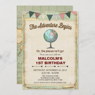 Vintage Globe Voyage 1er anniversaire Invitation