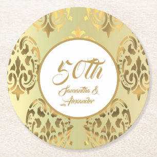 Vintage gold damask 50th verjaarary round paper c ronde kartonnen onderzetter