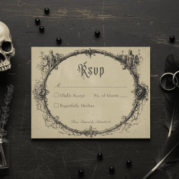 Vintage Gothic Black Toile Frame Tan Wedding RSVP Kaartje