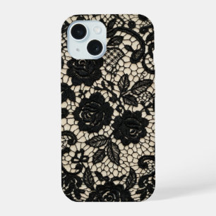 Vintage Gotische Zwarte Bloemrijke Kant Romantisch iPhone 15 Hoesje