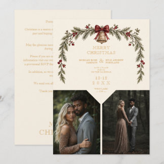 Vintage Gouden Bel Rode Strik Dennenkrans TLW26 Save The Date