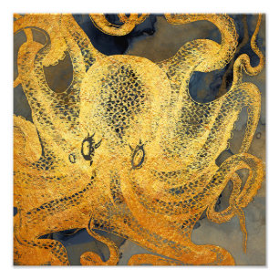 Vintage gouden blauwe octopus Waterverf Foto Afdruk