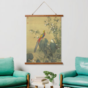 Vintage Gouden Fazant in Lente Tuin Kunst Hangend Wandkleed