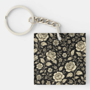 Vintage Gouden Roos Bloemmotief op Zwart Sleutelhanger