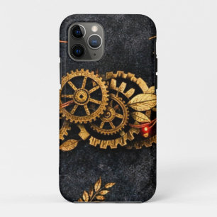 Vintage Gouden Tandwielen & Rode Neon Mythic Cyber iPhone 11 Pro Hoesje