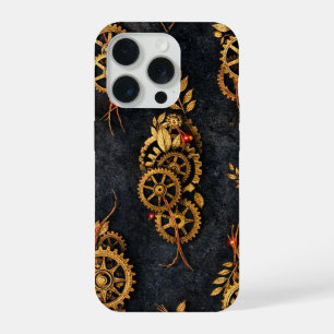 Vintage Gouden Tandwielen & Rode Neon Mythic Cyber iPhone 15 Pro Hoesje