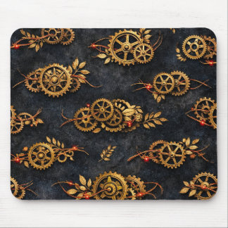 Vintage Gouden Tandwielen & Rode Neon Mythic Cyber Muismat