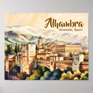 Vintage Granada Spain Alhambra Watercolor Travel Poster