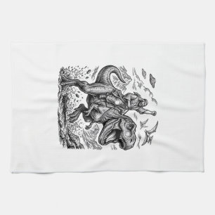 Vintage Gravure Dinosaurus Ruiter Grafisch T-shirt Theedoek
