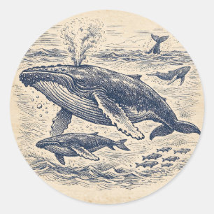 Vintage gravure van een groep bultruggen ronde sticker
