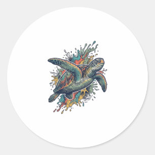 Vintage Gravure Zee Schildpad Spat Vector Design_ Ronde Sticker