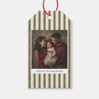 Vintage Green Stripes Christmas Photo Gift Tag Cadeaulabel