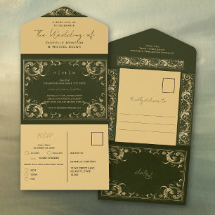Vintage Groen Gouden Kant Elegante Budget Bruiloft All In One Uitnodiging