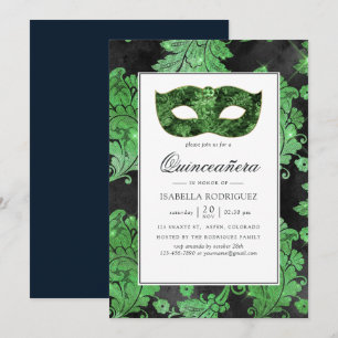 Vintage groene en zwarte masquerade Quinceañera Kaart