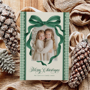 Vintage groene strik gingham geruit kerstfoto feestdagenkaart