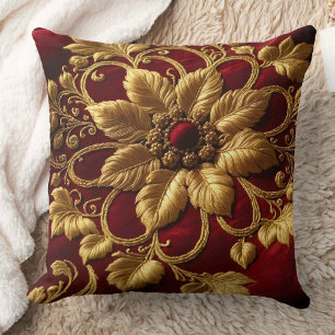 Vintage grote bloem borduurwerk uitzicht Rood Goud Kussen