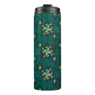 Vintage Grunge Turkoois en Gouden Pauw Thema Damas Thermosbeker
