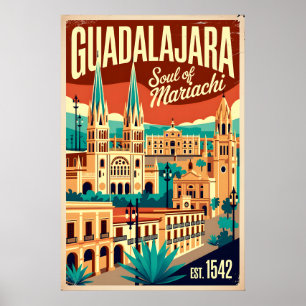 Vintage Guadalajara Mexico Ziel van Mariachi Retro Poster