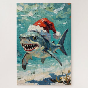 Vintage Haai met Kerstman Hoed Kerst Kunst Legpuzzel
