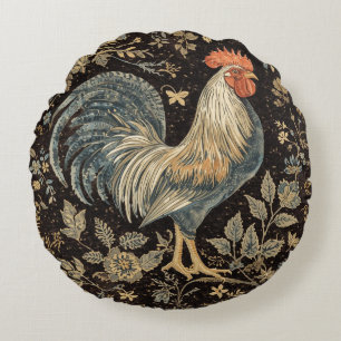 Vintage Haan, Bloemenpatroon, Zwarte Achtergrond Rond Kussen