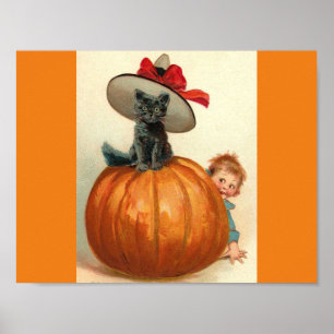 Vintage Halloween Black Cat Witch Pet Pumpkin Baby Poster