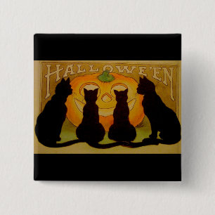 Vintage Halloween Cats en Jack O'Lantern Vierkante Button 5,1 Cm