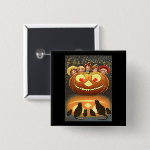 Vintage Halloween Children, Jack o' Lantern & Cats Vierkante Button 5,1 Cm