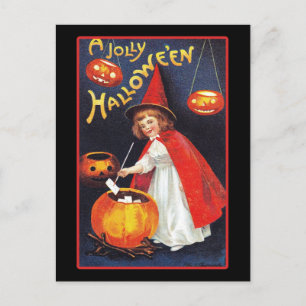 Vintage Halloween Cute Witch Pumpkin Briefkaart