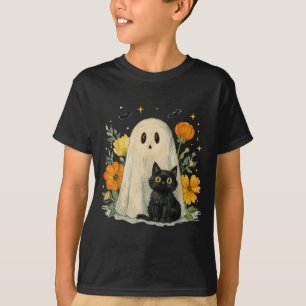 Vintage Halloween Geest Zwarte Kat Groovy Bloem T-shirt