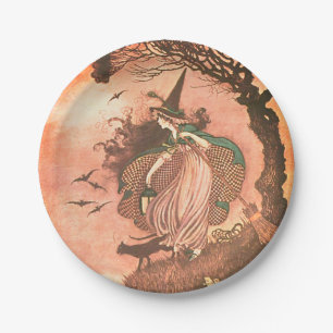 Vintage Halloween-heks- en zwart-witpapier Bord