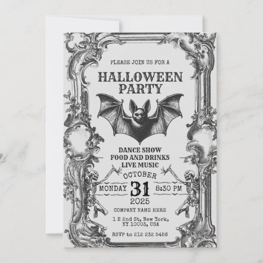 Vintage Halloween Invitation with Skeletons & Bat (Devant)