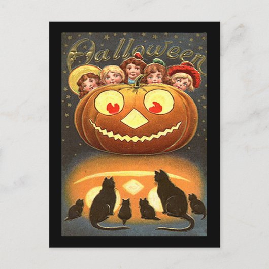 Vintage Halloween kinderen en katten Briefkaart (Voorkant)