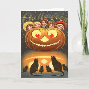 Vintage Halloween kinderen en katten Kaart