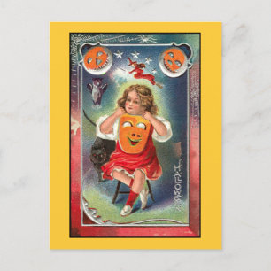 Vintage - Halloween meisje met masker Briefkaart