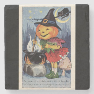Vintage Halloween Pumpkin Witch Stenen Onderzetter