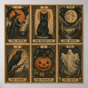 Vintage Halloween Tarot Kaartenblad Poster