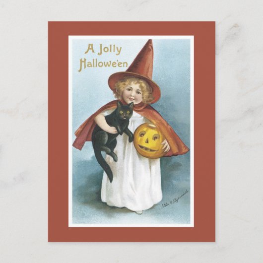 Vintage Halloween Witch Black Cat Briefkaart (Voorkant)
