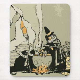 Vintage Halloween, Witch with Cauldron and Cats Muismat