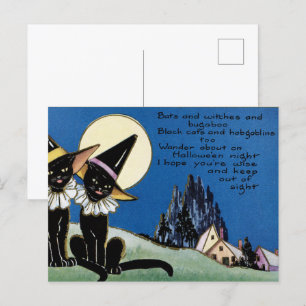 vintage Halloween zwarte katten Feestdagenkaart
