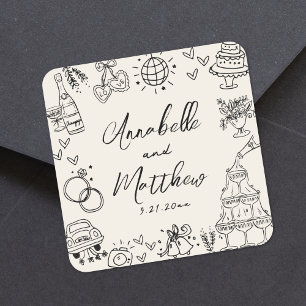 Vintage Handgetekende Whimsical Bruiloft Vierkante Sticker