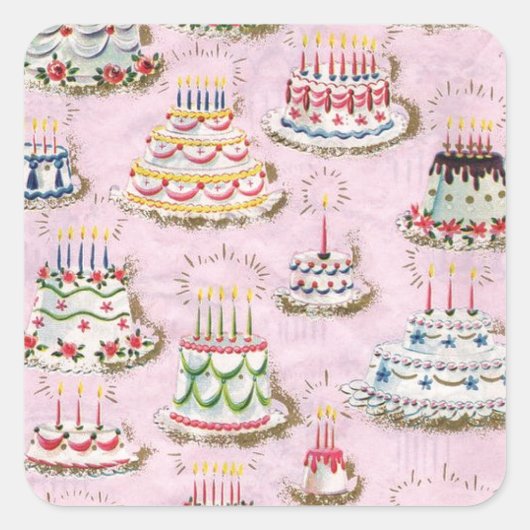 Vintage Happy Birthday Cakes Vierkante Sticker (Voorkant)