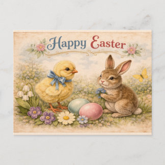Vintage Happy Easter Bunny and Chick Briefkaart