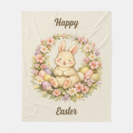 Vintage Happy Easter Bunny Floral Wreath Fleece Deken