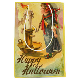 Vintage Happy Halloween-meisje blaast kaarle uit Medium Cadeauzakje