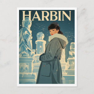 Vintage Harbin IJsstad Vrouw Briefkaart