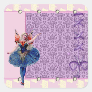 Vintage hart bloem sprookje ballerina blauw roze vierkante sticker