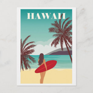 Vintage Hawaï Oceaan Strand Surfen Vrouw Reizen Briefkaart