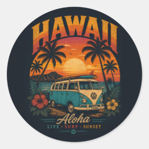 Vintage Hawaiaanse Zonsondergang Palmen Surfplank Ronde Sticker